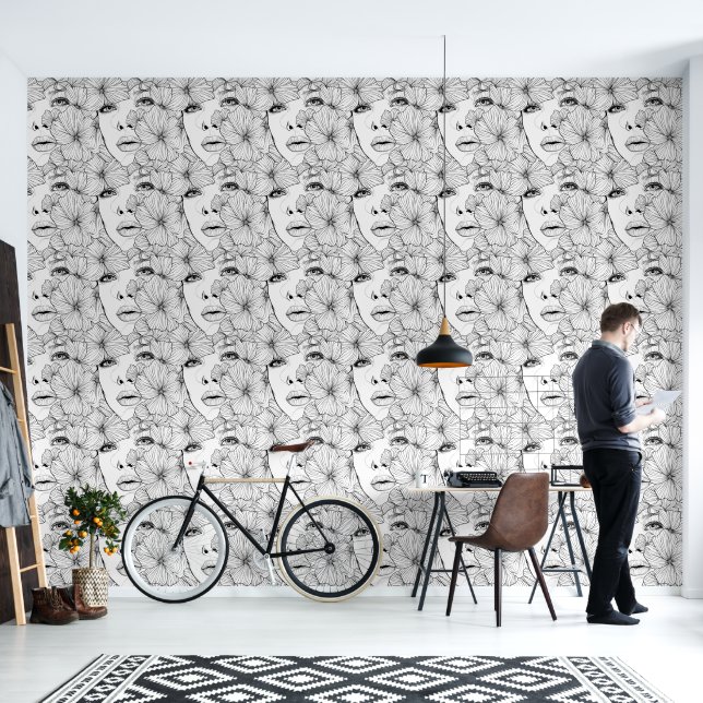 Black and White Beautiful Woman Floral Removable Wallpaper (Living Room)