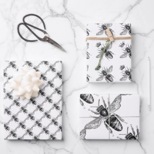 Black and White Bees Wrapping Paper Sheet