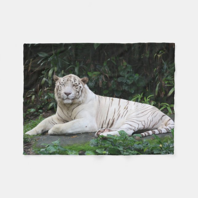Black and White Bengal Tiger relaxed and smiling Fleece Blanket (Front (Horizontal))