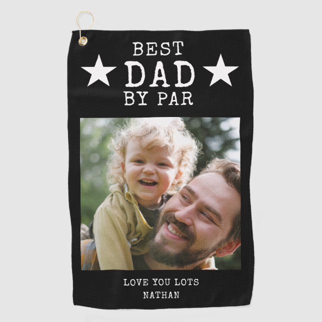 Black And White Best Dad by Par Photo Name Golf Towel (Front)