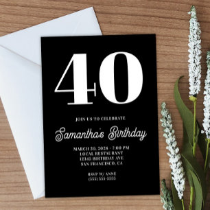 Black and White Big  Number 40th Birthday Invitation