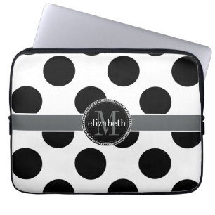 Black and White Big Polka Dots Monogram Laptop Sleeve