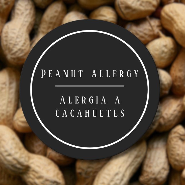 Black and White Bilingual Peanut Allergy Alert Classic Round Sticker (Bilingual peanut allergy warning sticker, custom stickers, multilingual Project)