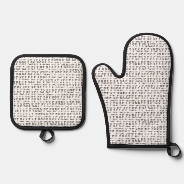 Black and White Binary Code Stripes Oven Mitt & Pot Holder Set (Front)