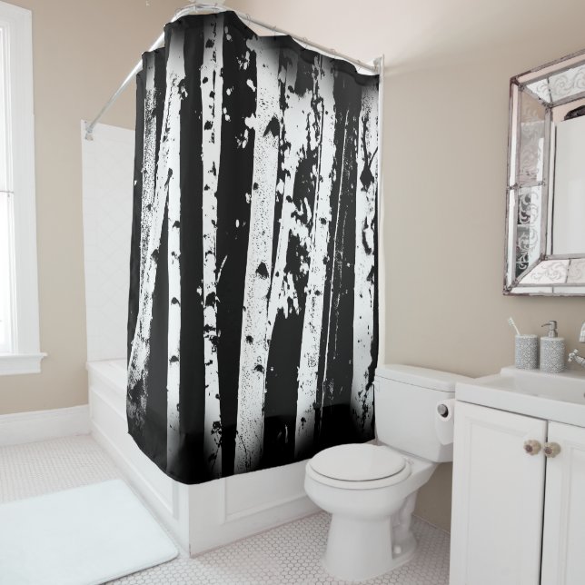 Black and White Birch Tree Forest Graphic Shower Curtain (In Situ)