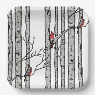Black and White Birch Trees and Red Cardinal Birds Paper Plate