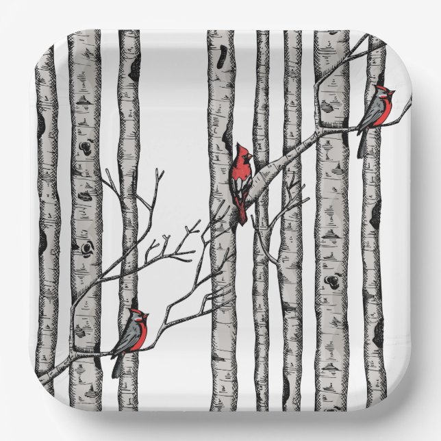 Black and White Birch Trees and Red Cardinal Birds Paper Plate (Front)