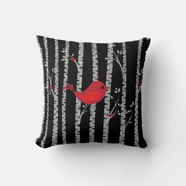 Black and White Birch Trees with Red Bird Cushion (Front)