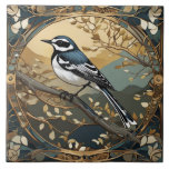 Black and White Bird Art Nouveau Art Deco Ceramic Tile<br><div class="desc">art nouveau pied wagtail, art deco vintage antique, stylish glamourous bird branch, autumnal classy classic birds, beautiful nature cream beige, gold black and white, yellow golden tree woods, contemporary modern winter, autumn fall garden wildlife, mucha gustav klimt inspired</div>