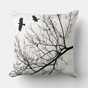 Black and White Bird Crow and Tree Silhouette Cushion