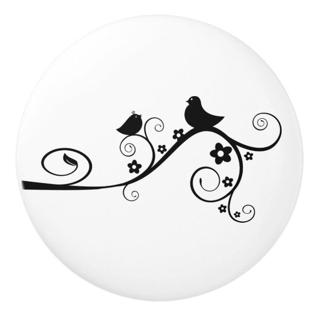 Black and White Bird on Branch Whimsical Ceramic Knob (Front)