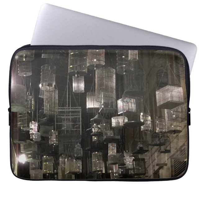 Black and white birdcages laptop sleeve (Front)