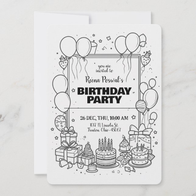 Black and White Birthday Party Invitation (Front)