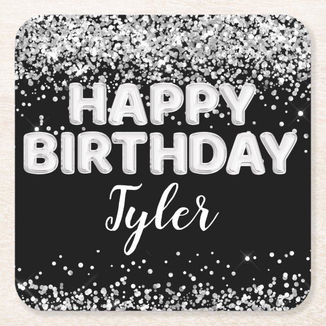 Black and White Birthday Party Square Paper Coaster (Front)