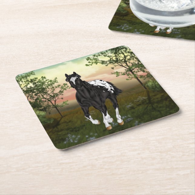 Black and White Blanket Appaloosa Horse Square Paper Coaster (Angled)