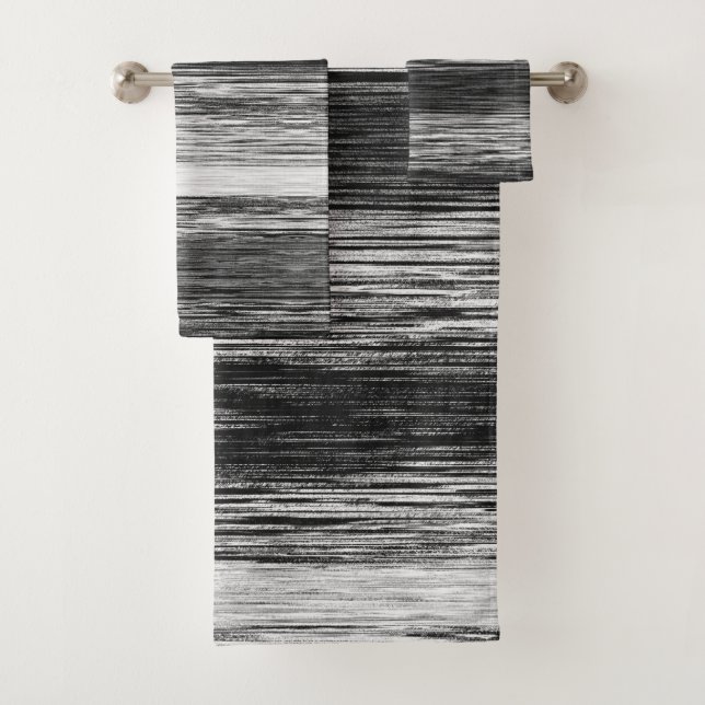 Black and White Blended Lines Abstract Bath Towel Set (Insitu)