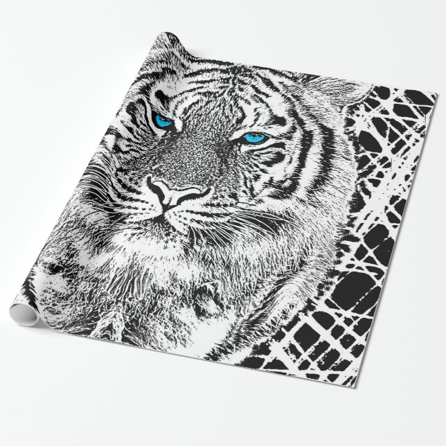 Black And White Blue Eyes Tiger design Wrapping Paper (Unrolled)