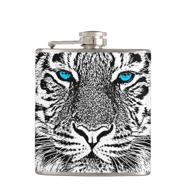 Black And White Blue Eyes Tiger Graphic Hip Flask (Front)
