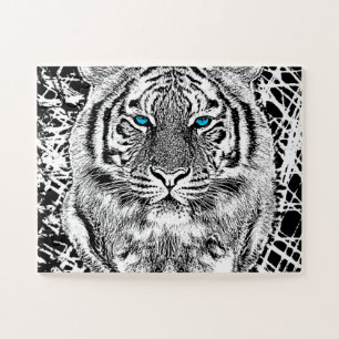 Black And White Blue Eyes Tiger Graphic Jigsaw Puzzle