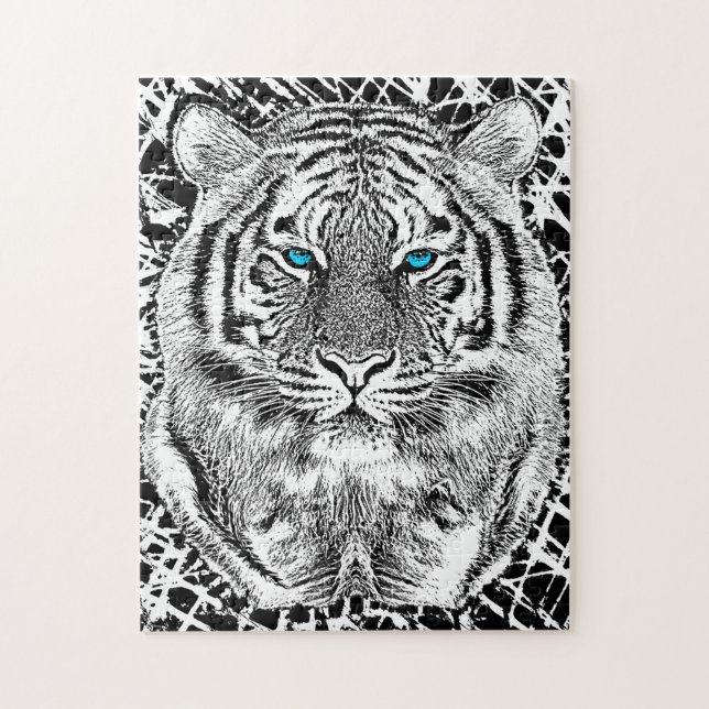 Black And White Blue Eyes Tiger Graphic Jigsaw Puzzle (Vertical)