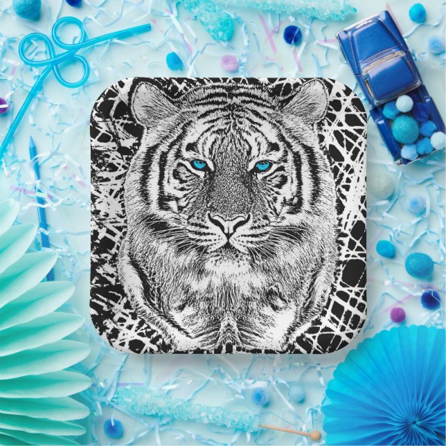 Black And White Blue Eyes Tiger Graphic Paper Plate (Party)