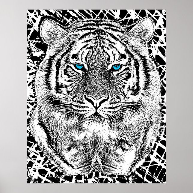 Black And White Blue Eyes Tiger Graphic Poster (Front)