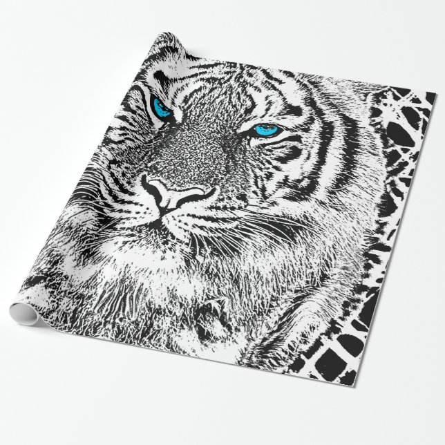Black And White Blue Eyes wild Tiger face Wrapping Paper (Unrolled)