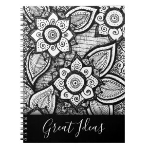 Black and White Boho Chic Mandala Floral Patterns  Notebook
