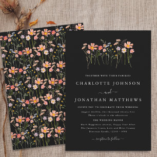 Black and White Boho Fall Wildflower Wedding Invitation