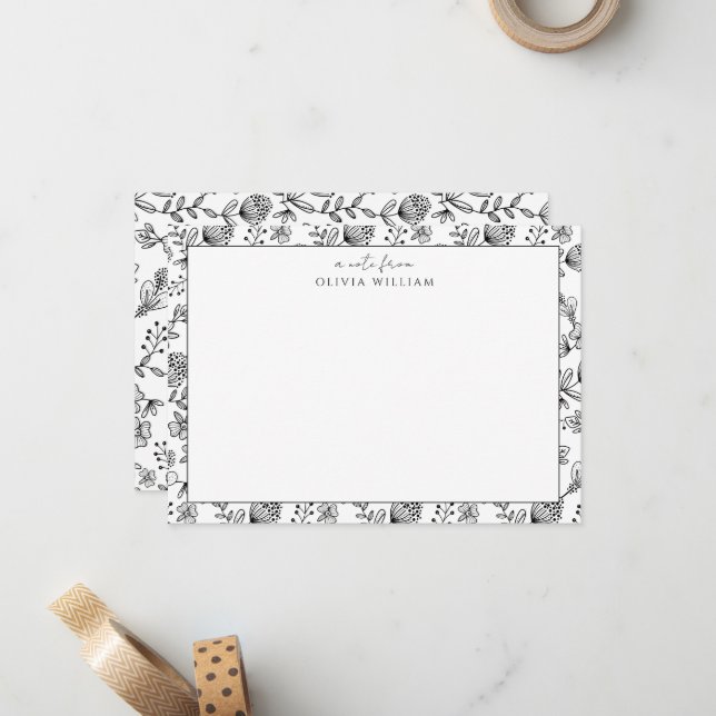 Black And White Boho Floral Border A Note From Card (Front/Back In Situ)