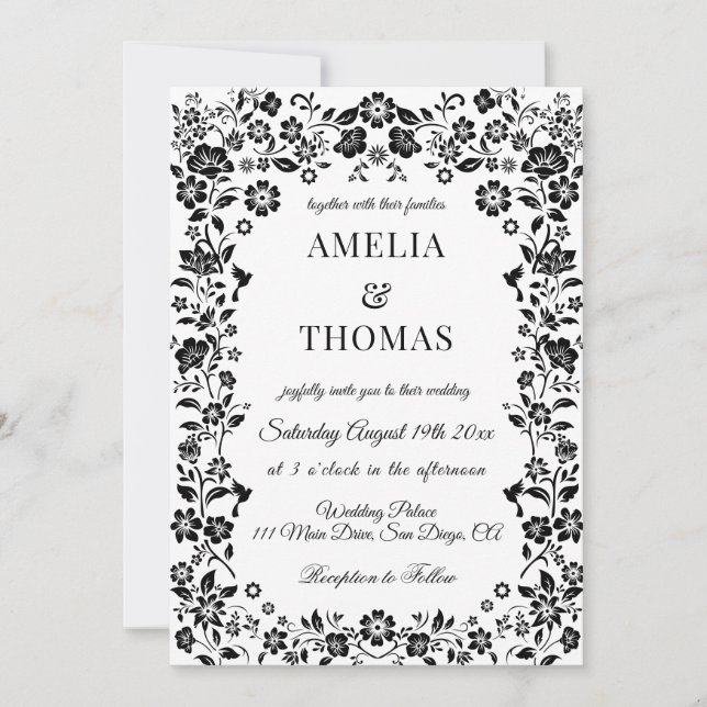 Black and White Boho Floral Wedding  Invitation (Front)