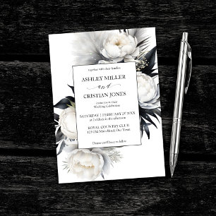 Black and white boho flowers elegant wedding invitation