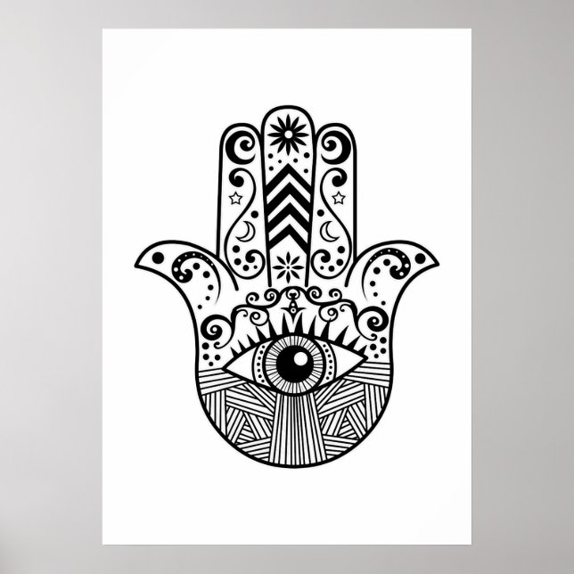 Black and White Boho Hamsa Hand Art Poster (Front)