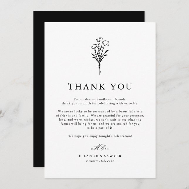 Black and White Boho Minimalist Botanicals Wedding Thank You Card (Front/Back)