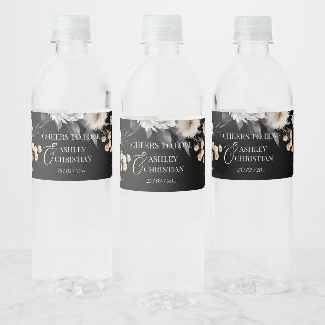 Black and white boho wedding personalised  water bottle label (Bottles)