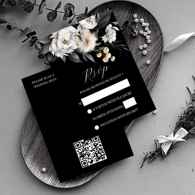 Black and white boho wedding rsvp card (Black and white boho wedding rsvp card noir wedding invitation suite black rsvp card white peonies)