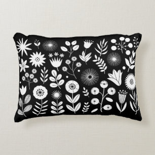 Black and White Boho Wildflower Decorative Cushion