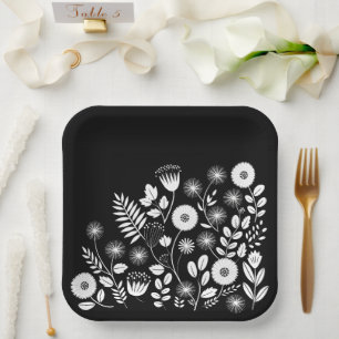 Black and White Boho Wildflower Paper Plate