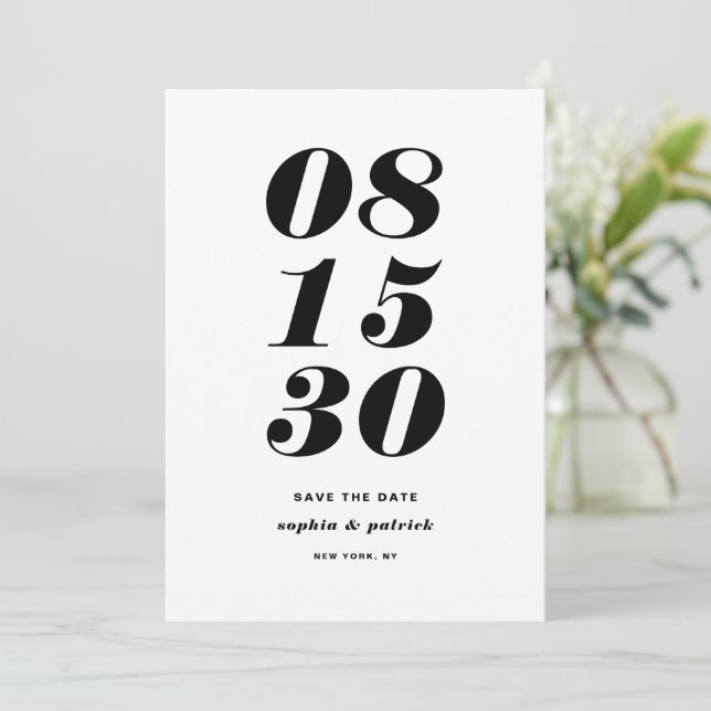 Black and White Bold Italic Typography Save The Date (Standing Front)