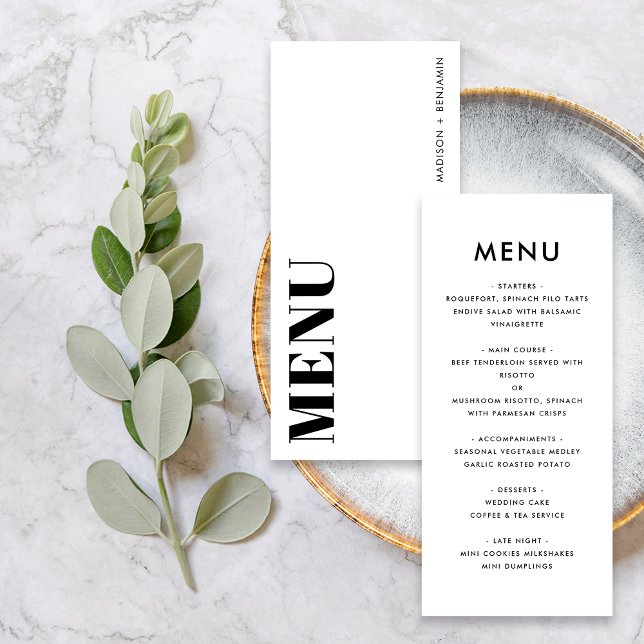 Black and White Bold Minimalist Modern Wedding Menu (Front / Back)