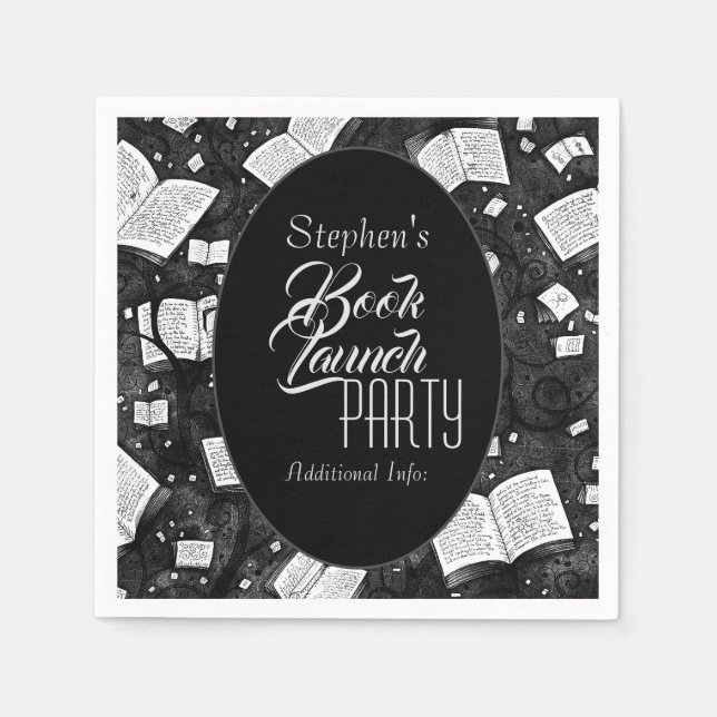 Black And White Book Launch Party Napkin (Front)