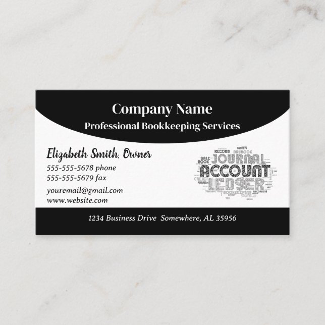 Black and White Bookkeeping Business Card (Front)