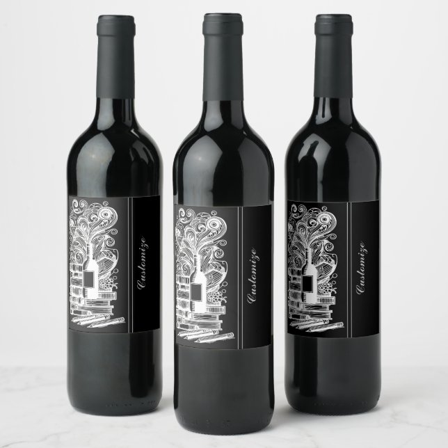 Black And White Books And Wine 4 Wine Label (Bottles)