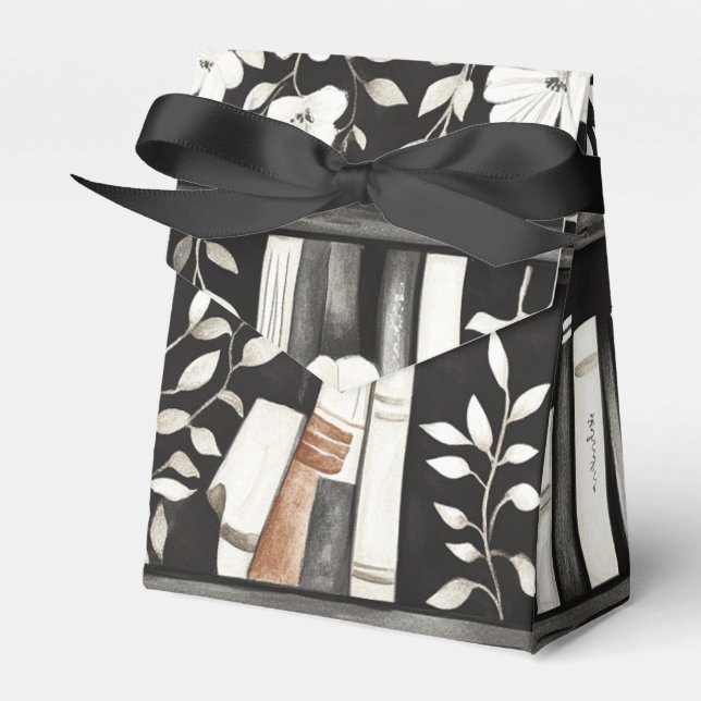 Black and White Books with Flowers on Bookshelf Favour Box (Front Side)