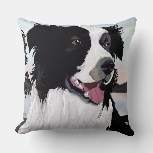 Black and white Border Collie at Sunrise by Water Cushion (Front)