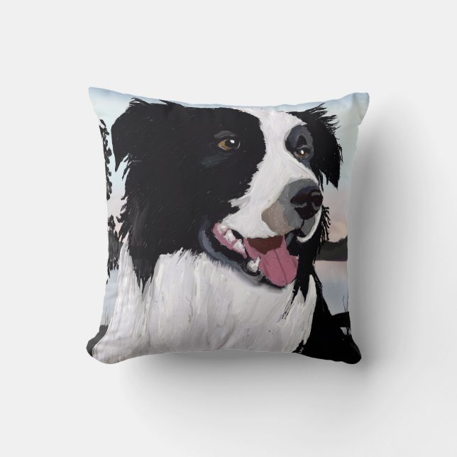 Black and white Border Collie at Sunrise by Water Cushion (Front)