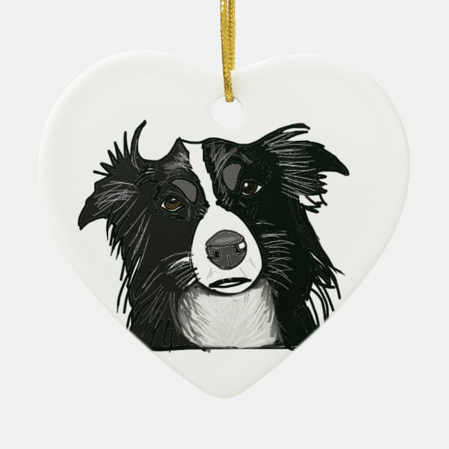 Black and White Border Collie Ceramic Heart Ceramic Ornament (Front)