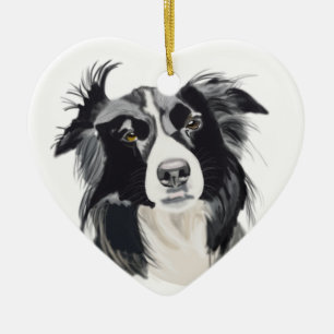 Black and White Border Collie Ceramic Heart New Ornament