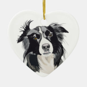 Black and White Border Collie Ceramic Heart New Ornament