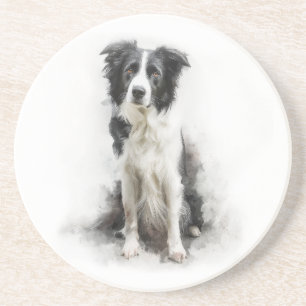 Black and White Border Collie Watercolor Art Coaster